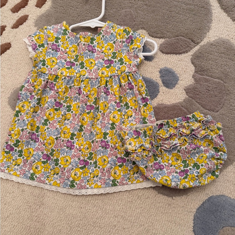 Baby Boden Yellow Pink Green Floral Dress and Diaper Cover Set